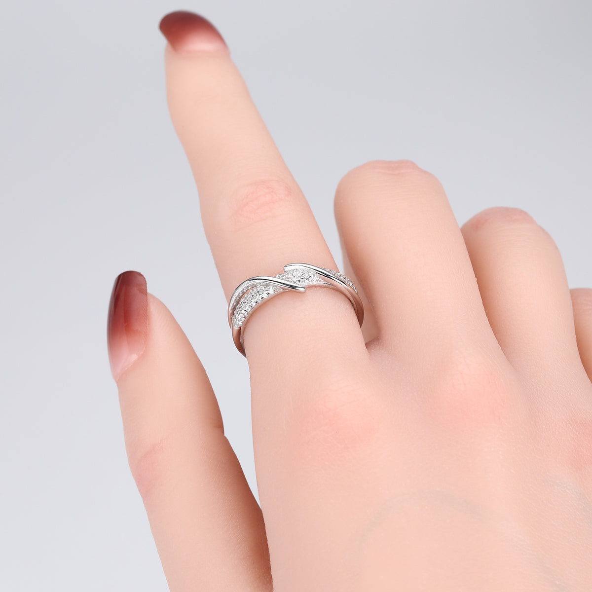 Minimalist style zircon-set open-style index finger ring, S925 sterling silver, intertwined design, understated luxury