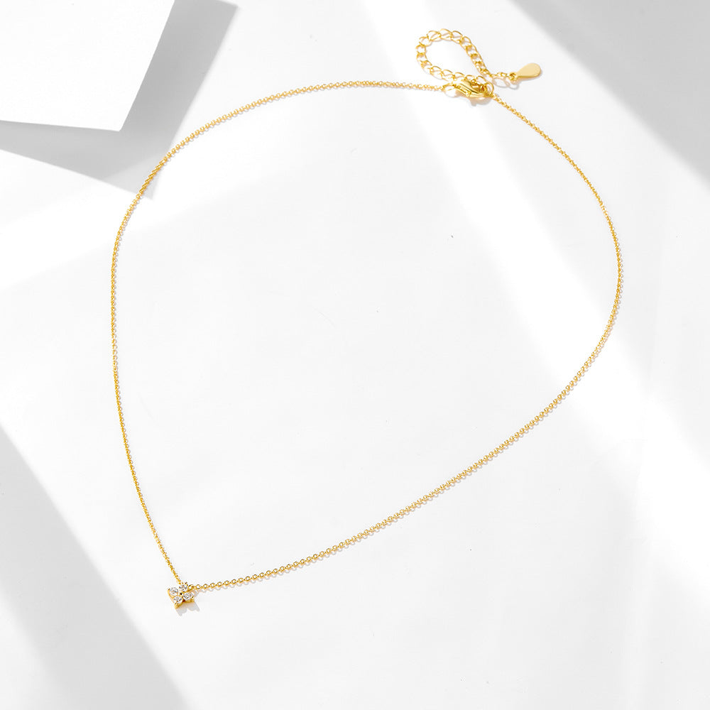 S925 Sterling Silver Plated 14K Gold Zircon Inlaid Four Leaf Clover Necklace