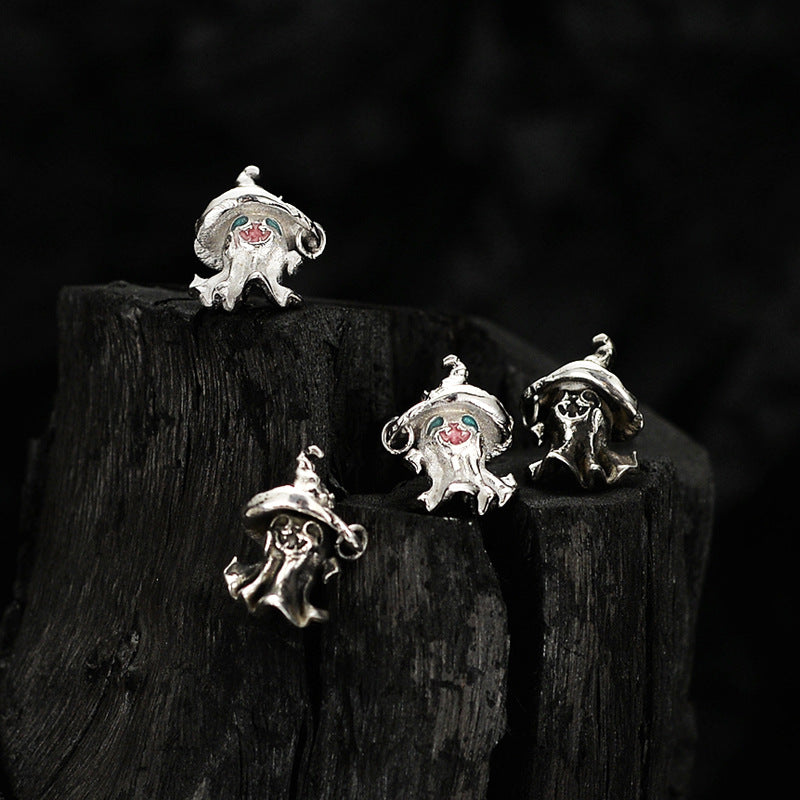 S925 Sterling Silver Whimsical Ghost with Witch Hat Earrings