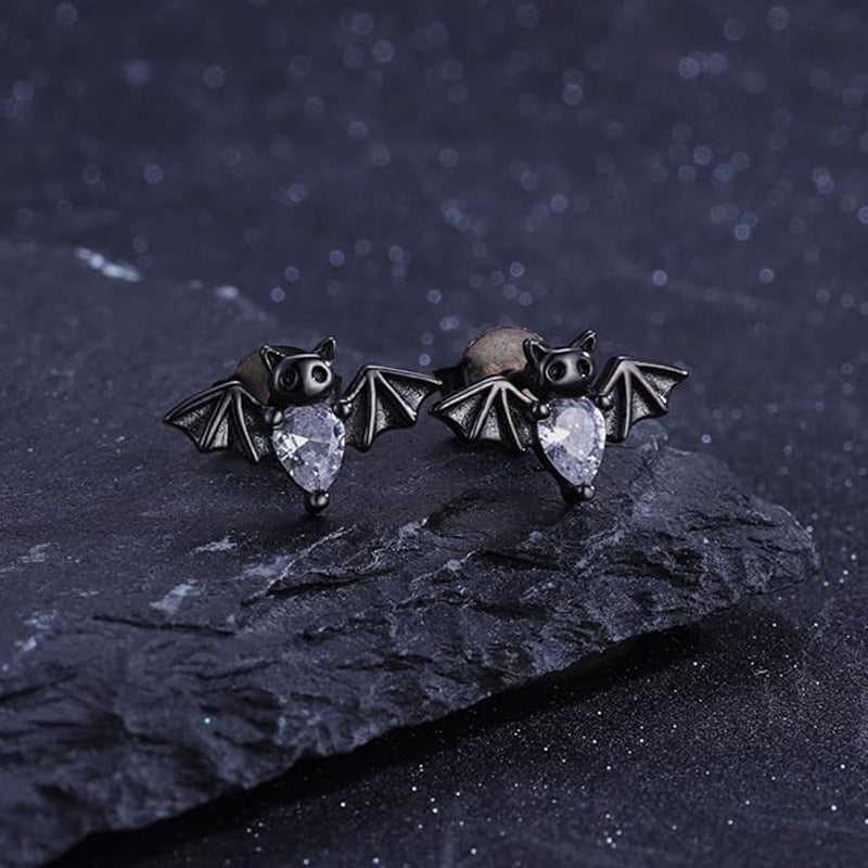 S925 Sterling Silver Black Bat Halloween Stud Earrings