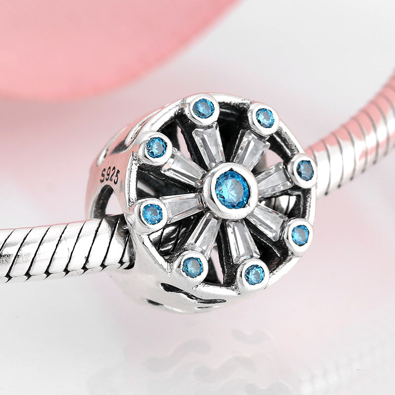 S925 Sterling Silver Snowflake Beaded Blue Zircon Pendant
