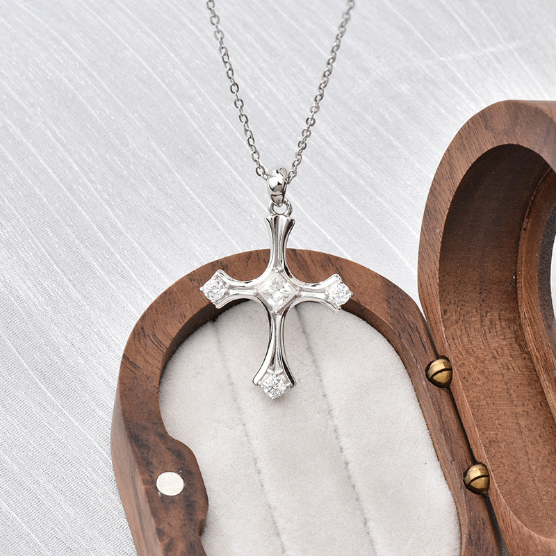 S925 Sterling Silver Moissanite Cross Square Pendant Necklace