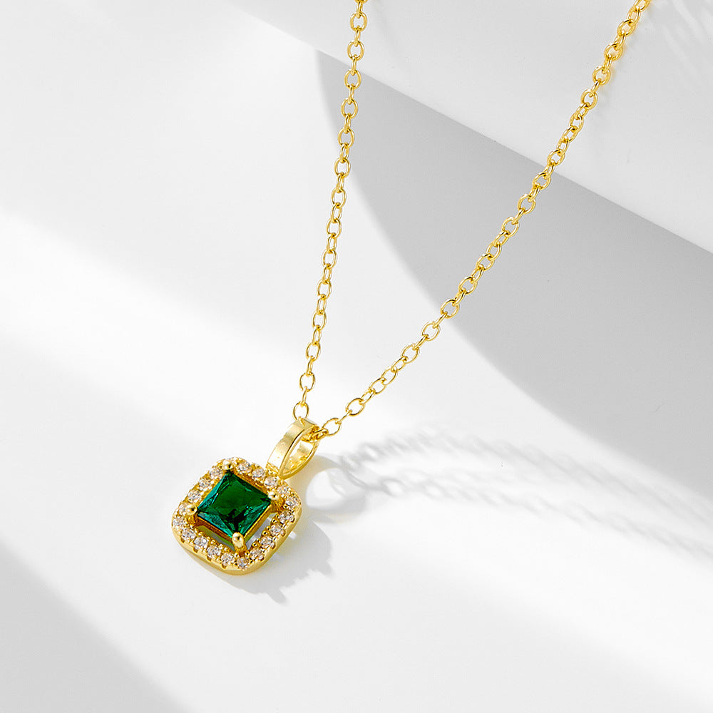 S925 Sterling Silver Square Emerald Zircon Pendant Necklace