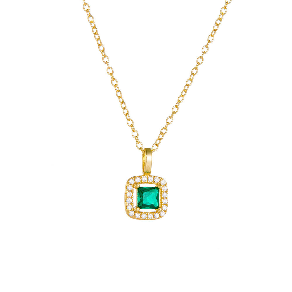 S925 Sterling Silver Square Emerald Zircon Pendant Necklace