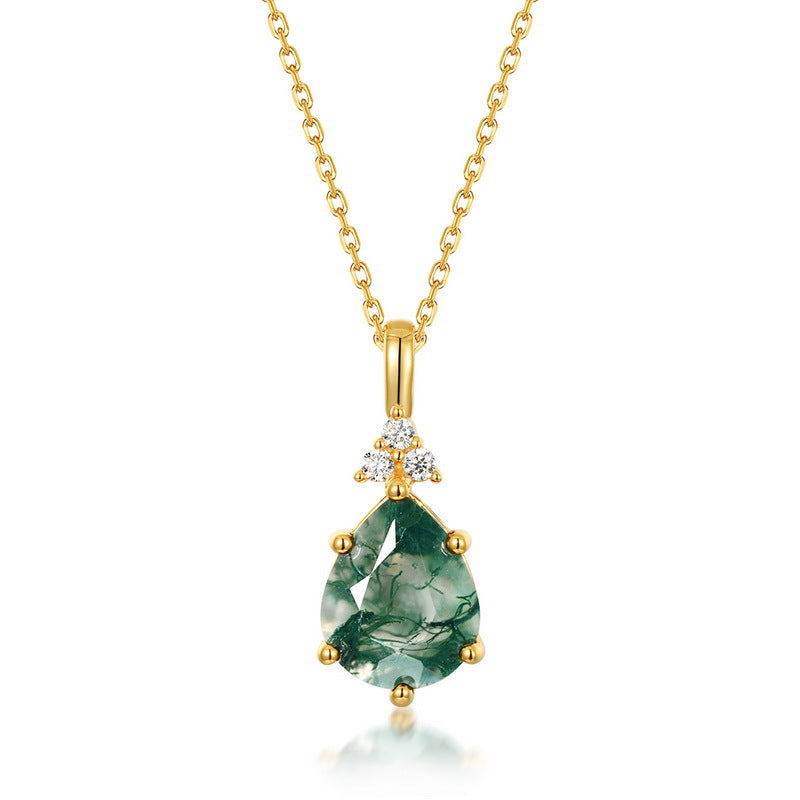 S925 Sterling Silver Inlay Natural Green Agate Pendant Necklace
