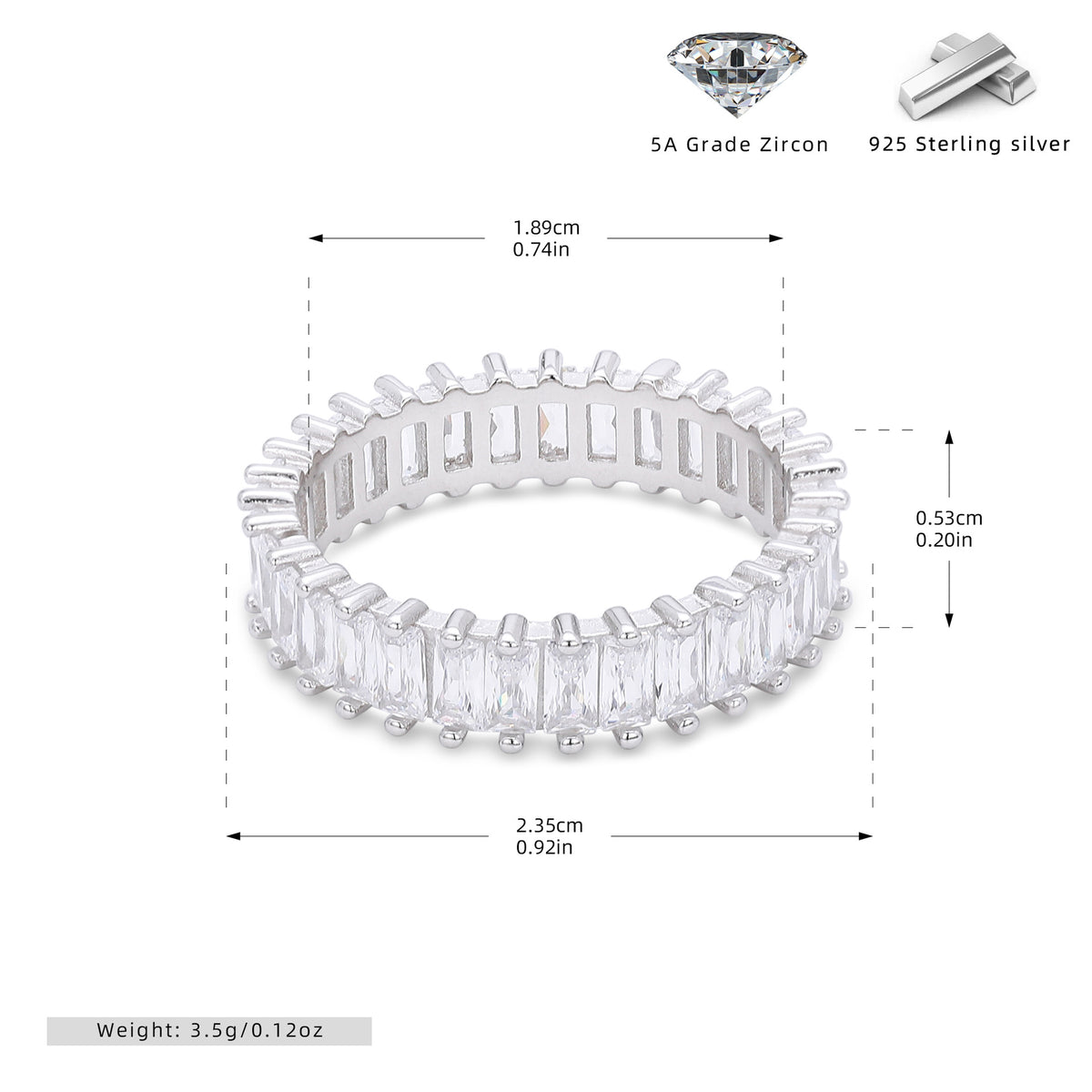 Versatile S925 sterling silver ring with rectangular zircon clusters