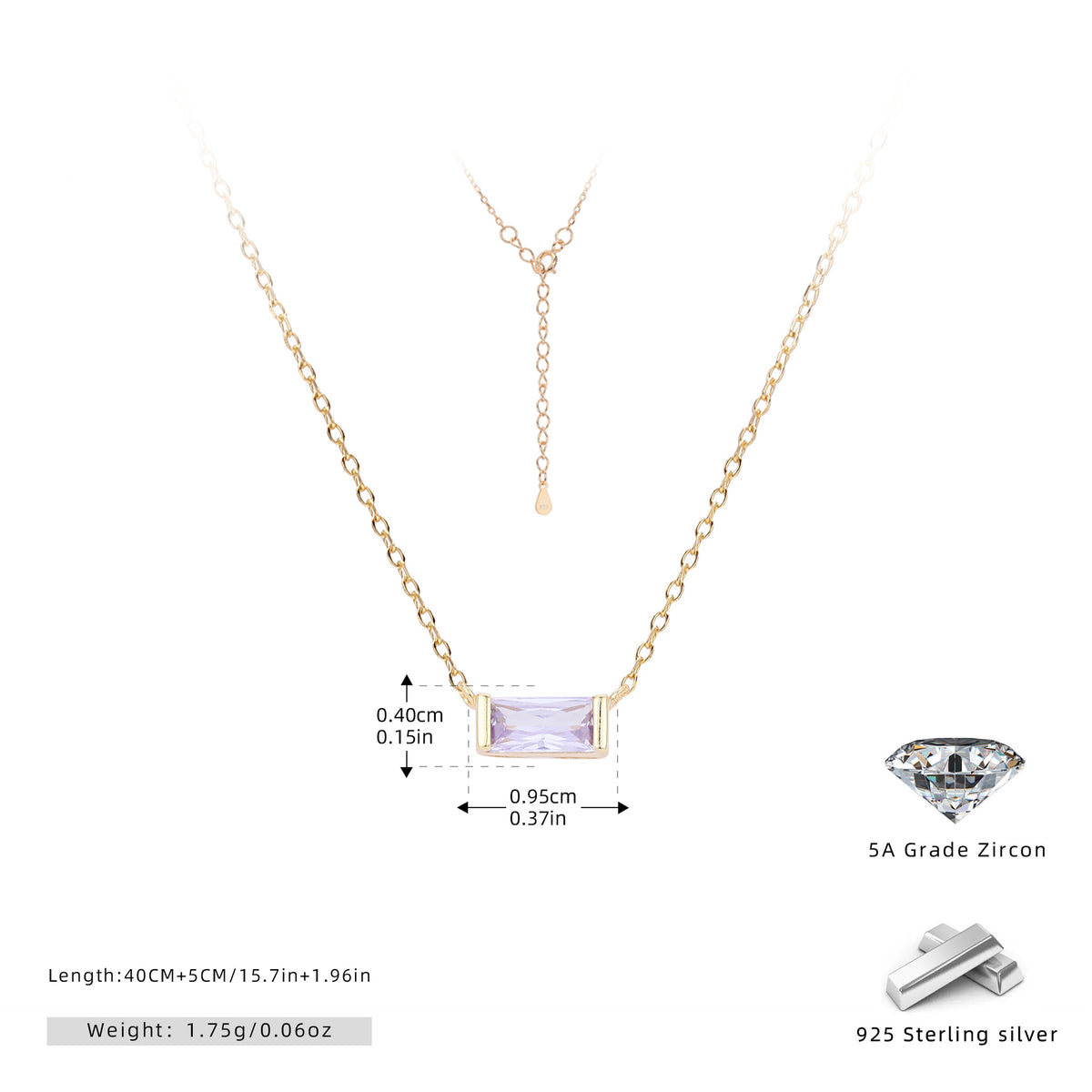 Rectangular colored zircon s925 sterling silver December birthstone collar necklace