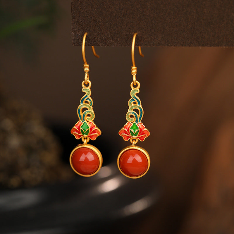 S925 Silver Round Agate Lotus Christmas Earrings