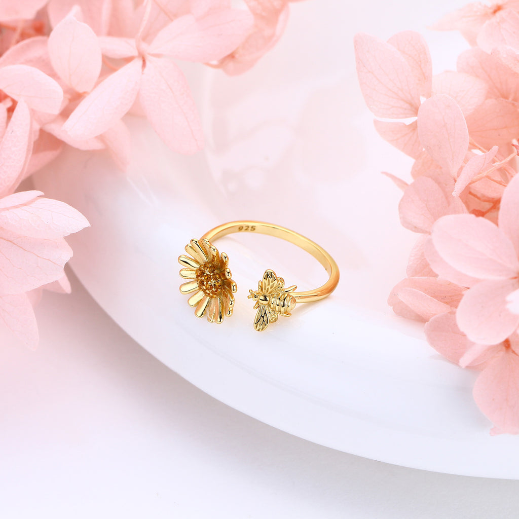 S925 Sterling Silver Creative Personalized Sunflower Bee Zirconia Ring