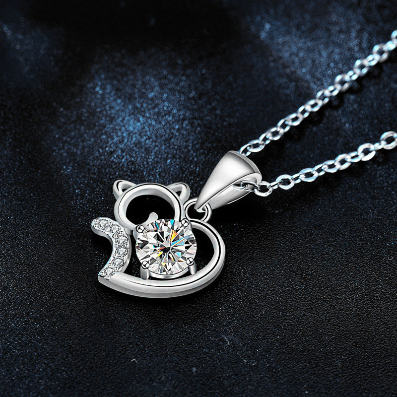 S925 Sterling Silver Moissanite Cute Cat Necklace