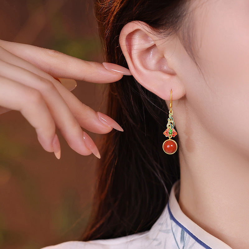 S925 Silver Round Agate Lotus Christmas Earrings