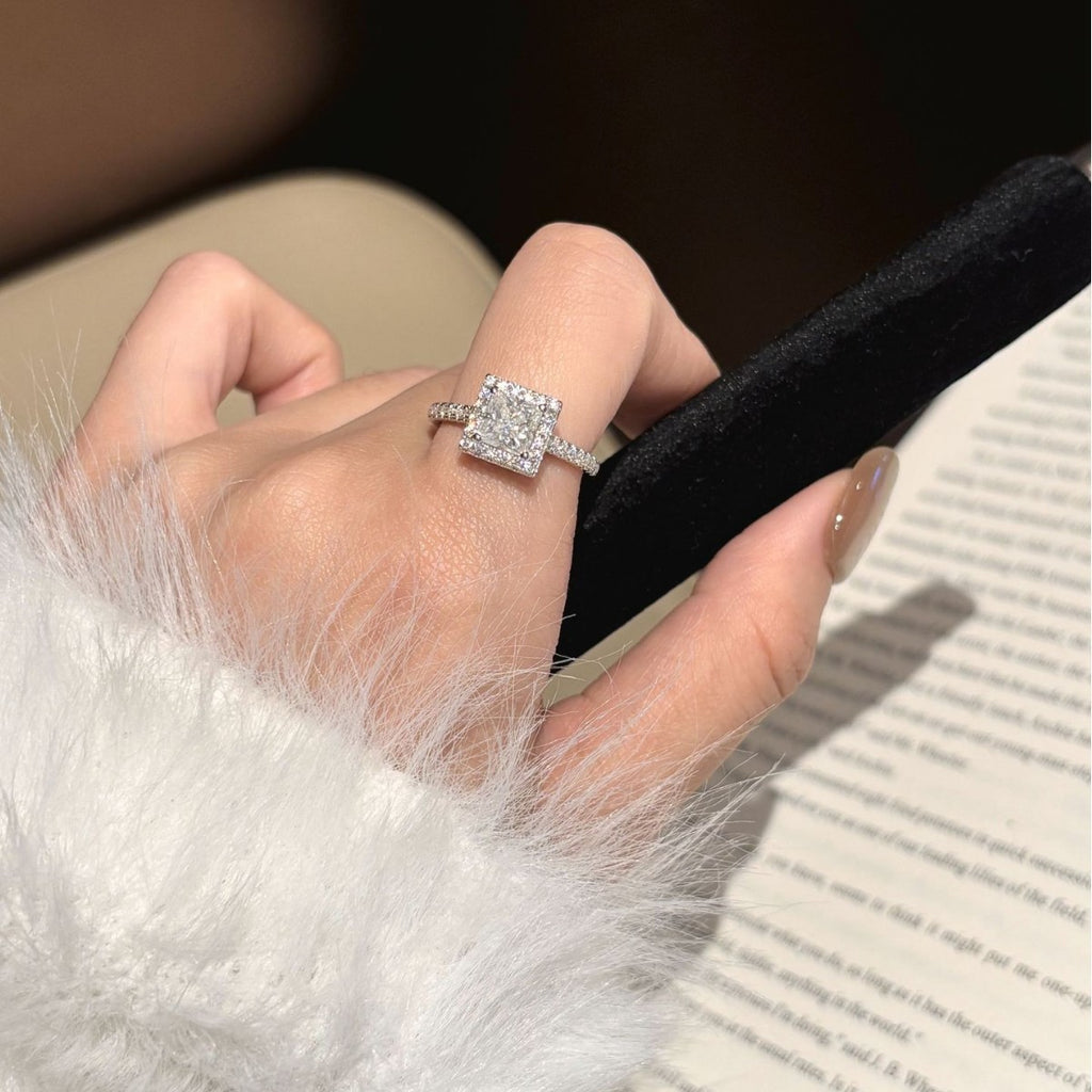 S925 Sterling Silver Square-Cut Colored Moissanite Ring