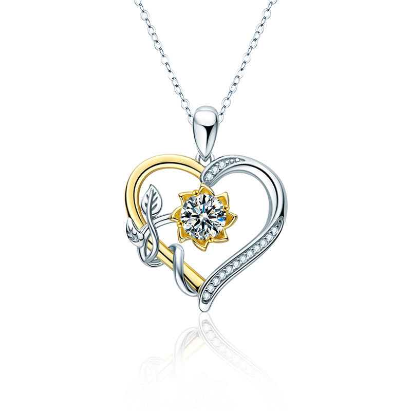 S925 Sterling Silver Moissanite Sunflower Heart-Shaped Gold Pendant Necklace