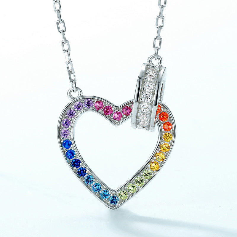 S925 Sterling Silver Full Rainbow Zircon Inlaid Heart-Shaped Necklace