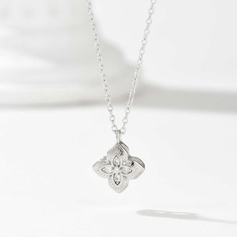 S925 Sterling Silver Zircon Inlaid Four-Leaf Clover Pendant Necklace