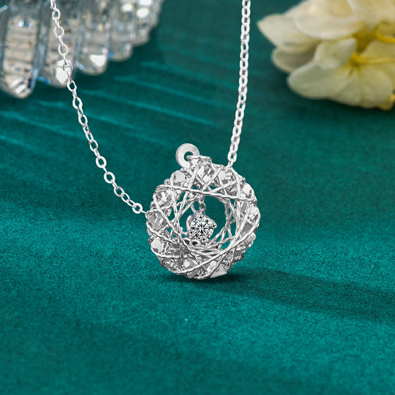 S925 Sterling Silver Woven Dream Net Garland Moissanite  Pendant Necklace