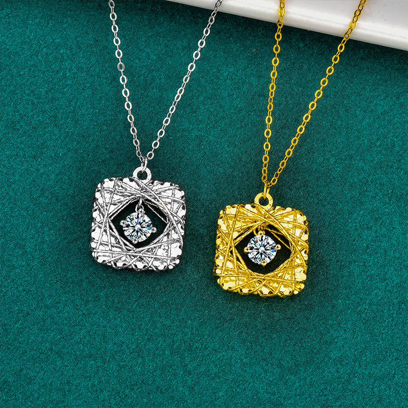 S925 Sterling Silver Moissanite Woven Dream net Square Pendant Necklace