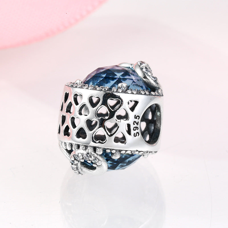 S925 Sterling Silver Blue Heart-Shaped Beaded Shining Zircon Inlaid Pendant