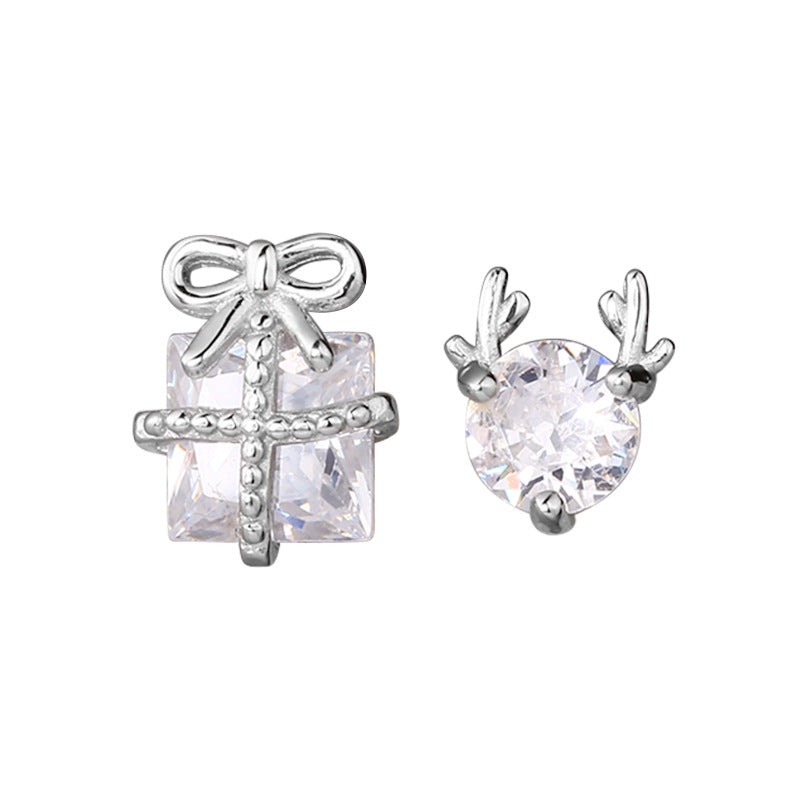 S925 Sterling Silver Asymmetrical Christmas Gift Box & Antler Stud Earrings
