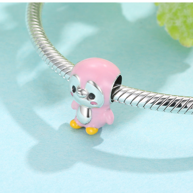 S925 Sterling Silver Pink Penguin Bead Pendant