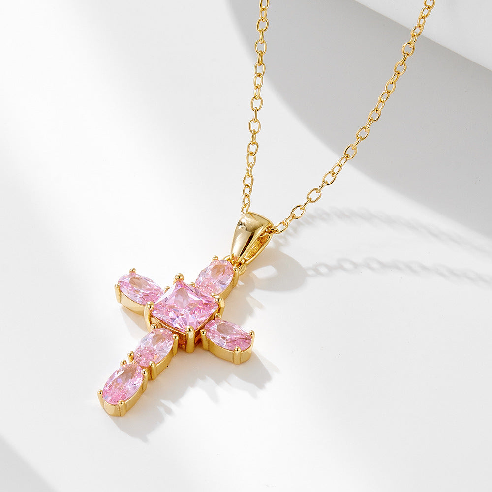 S925 Sterling Silver Pink Zircon Cross Necklace