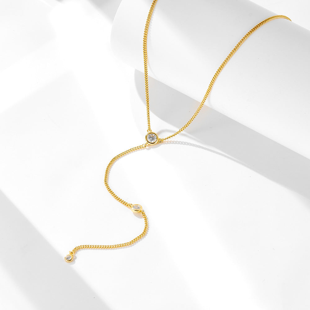 S925 Sterling Silver Y-Shaped Zircon Inlaid Tassel Chain Necklace