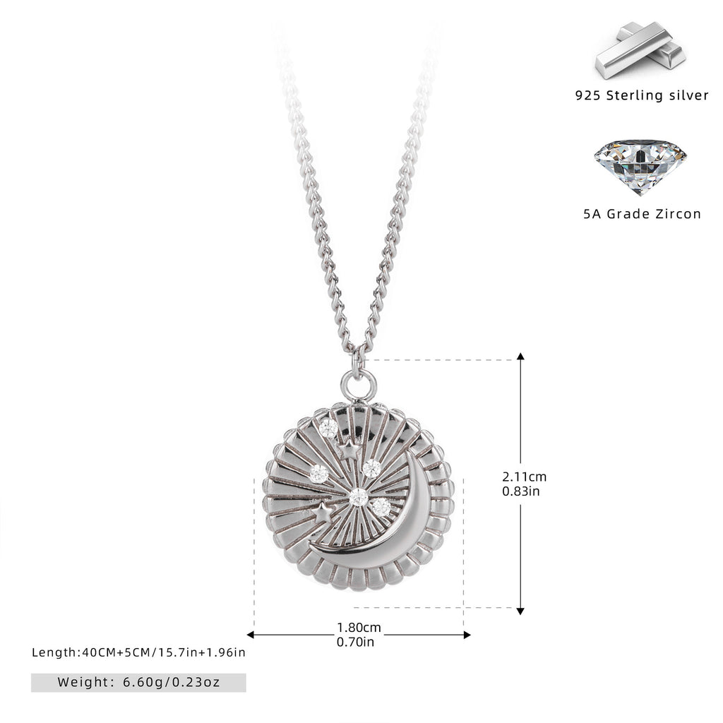 S925 Sterling Silver Star and Moon Pendant Zircon Necklace