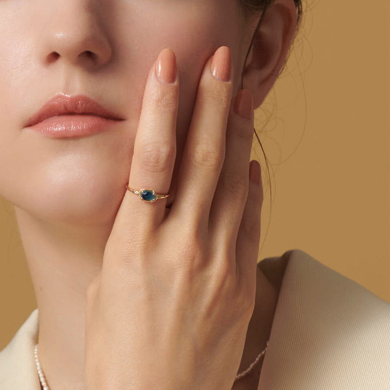 S925 Sterling Silver Gold-Plated Blue Topaz Rectangular Ring