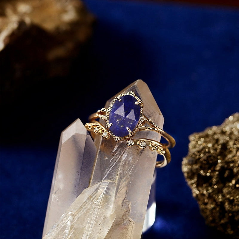 S925 Sterling Silver Gold-Plated Natural Lapis Lazuli Stacked Rings