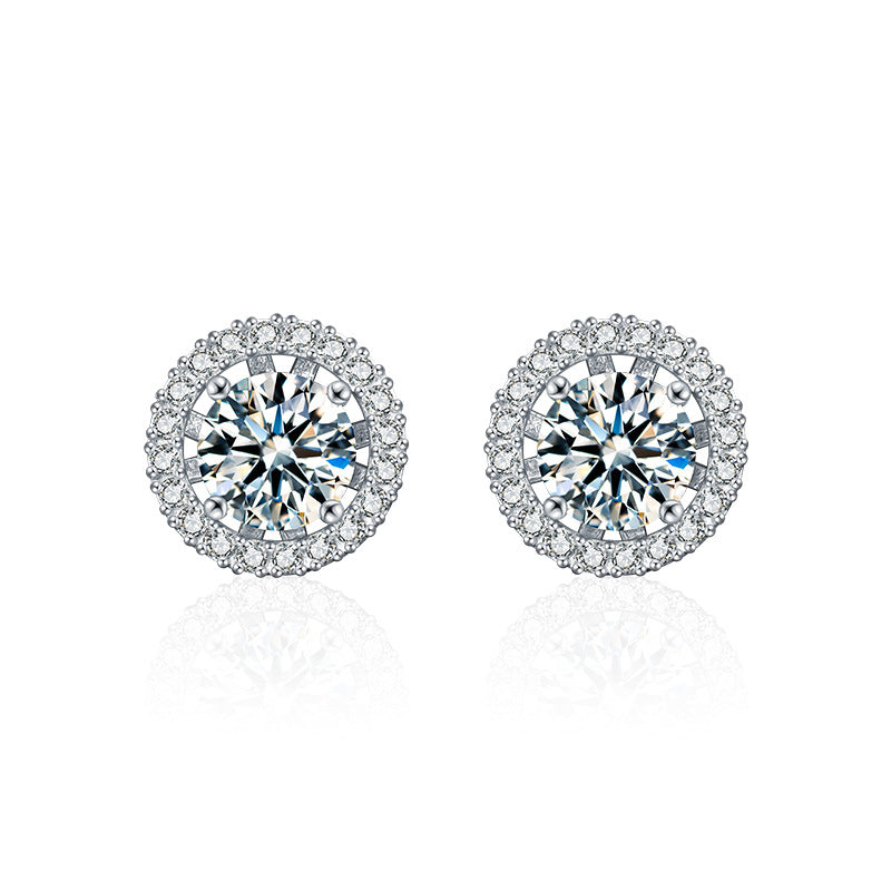 925 Sterling Silver Simple Round Pouch with Four-Prong Moissanite Earrings - Two Ways to Wear