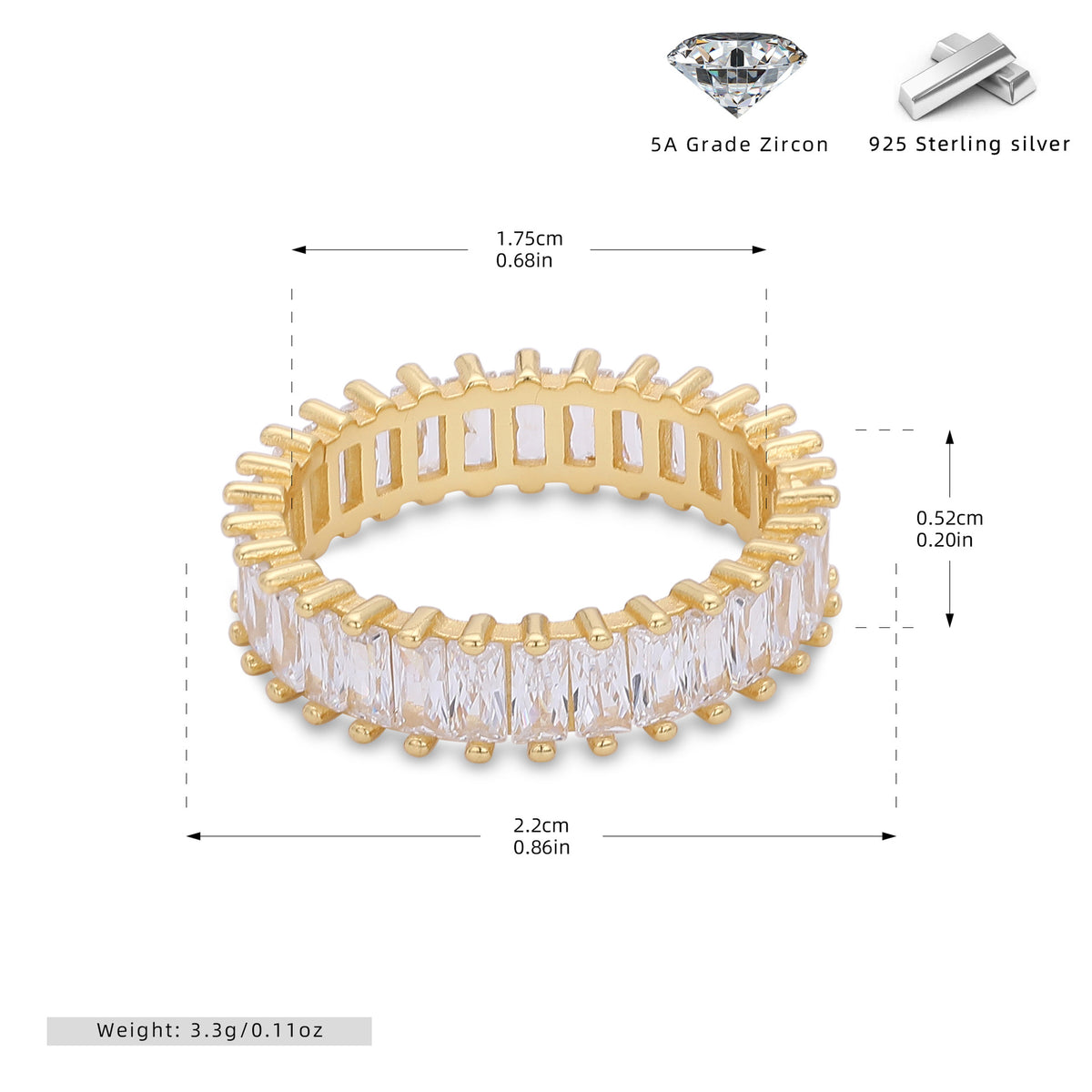 Versatile S925 sterling silver ring with rectangular zircon clusters