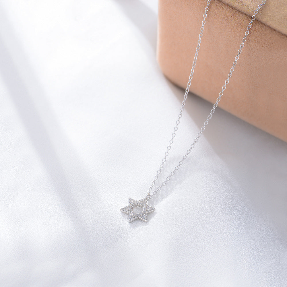 S925 Sterling Silver with Shiny Zircon Six-Pointed Star Pendant Necklace