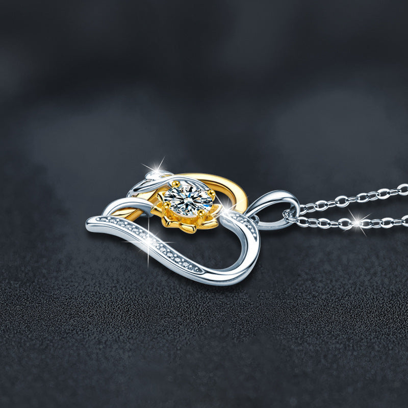 S925 Sterling Silver Moissanite Sunflower Heart-Shaped Gold Pendant Necklace
