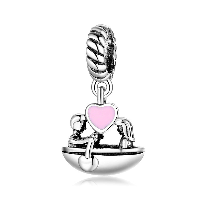 S925 Sterling Silver Pink Heart Shaped Couple Rowing Pendant