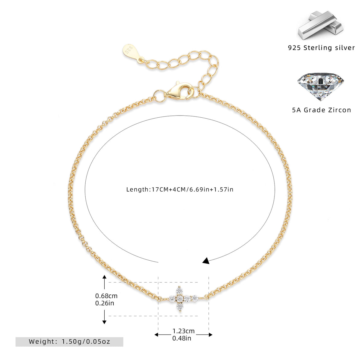 S925 Sterling Silver Cross Bracelet with Zirconia