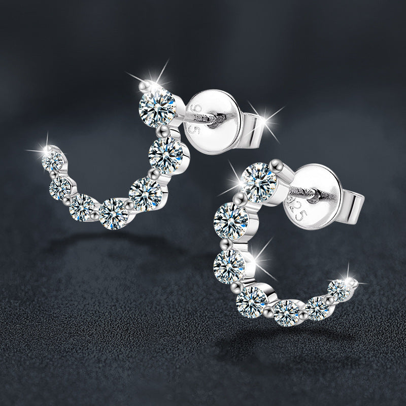Moissanite & S925 Sterling Silver Full-Pavé C-Shaped Stud Earrings
