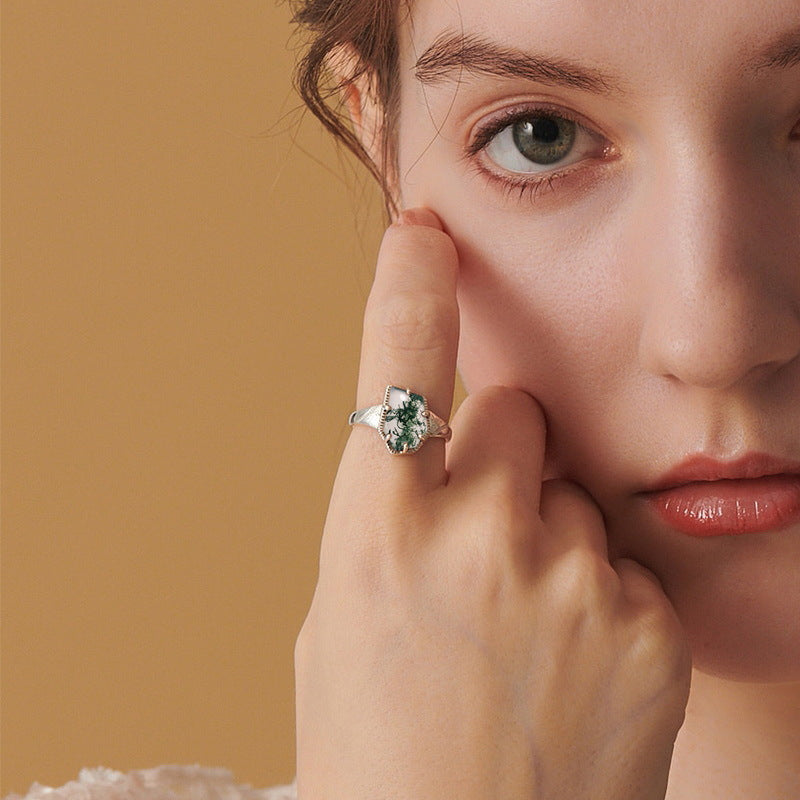 S925 Sterling Silver Waterweed Irregular Agate Ring