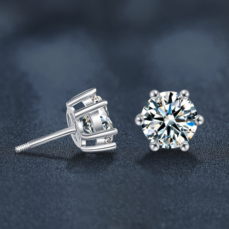 S925 Silver Threaded Stud Earrings — Classic Six-Prong Moissanite Studs