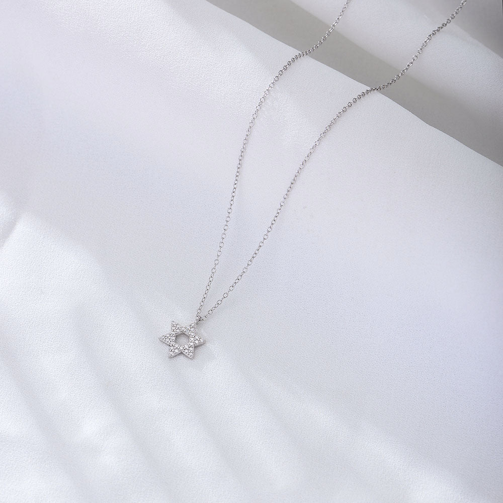 S925 Sterling Silver with Shiny Zircon Six-Pointed Star Pendant Necklace