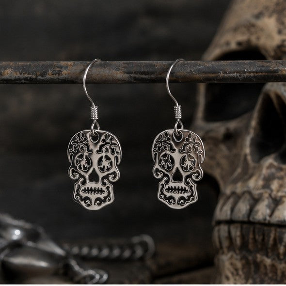 S925 Sterling Silver Halloween Openwork Skull Earrings