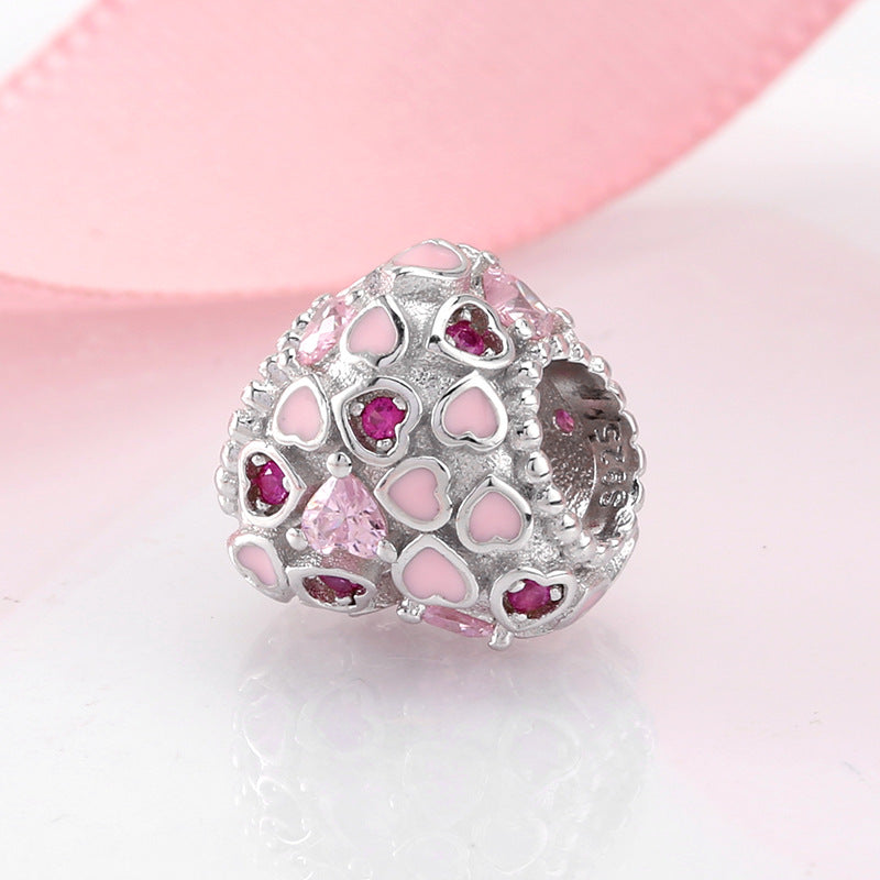 S925 Sterling Silver Heart Bead Pink Zircon Pendant