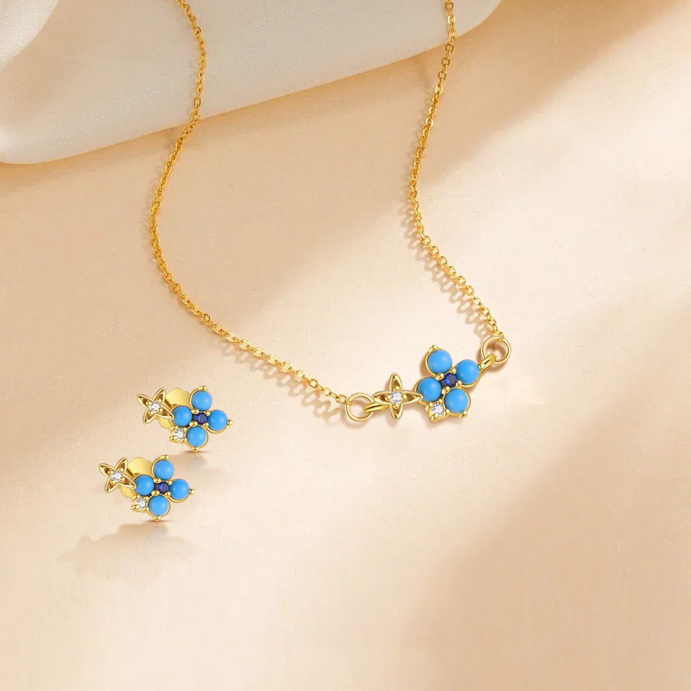 S925 Sterling Silver Turquoise Stud Earrings and Necklace Set