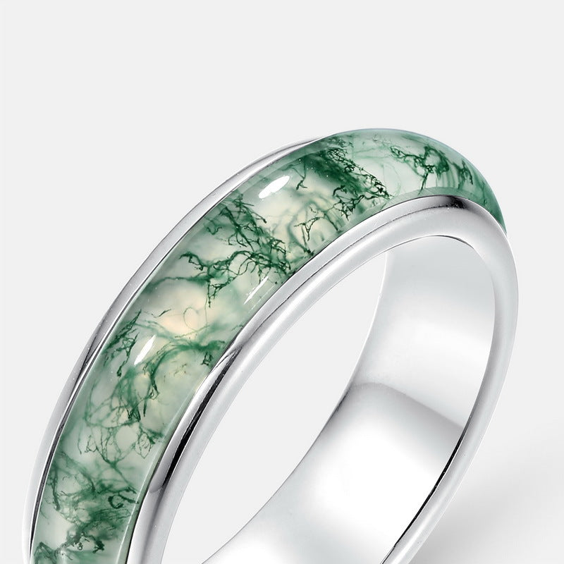 S925 Sterling Silver Ring Set with Green Moss Stone