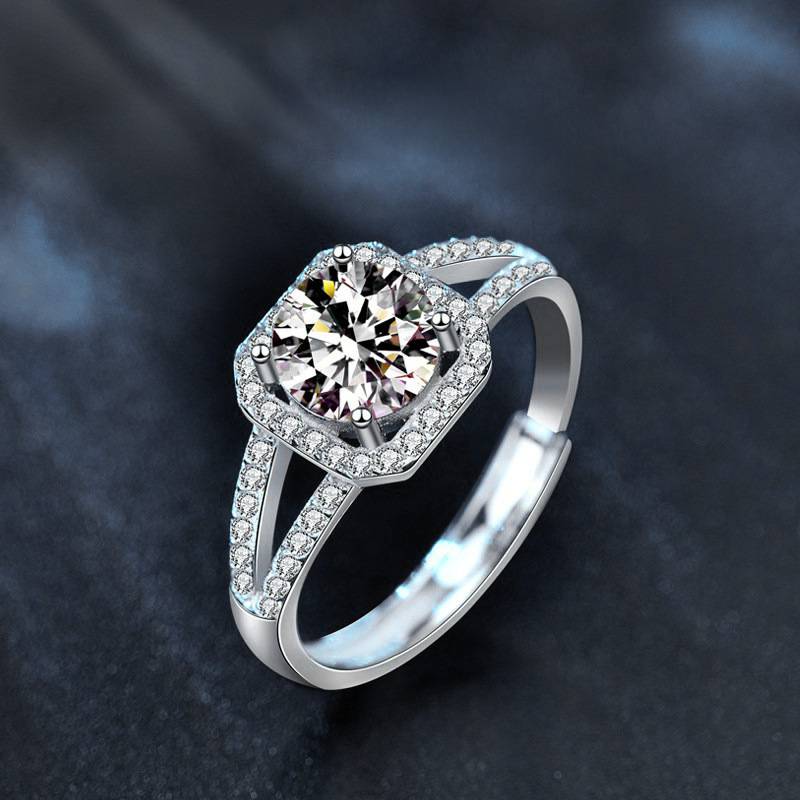 925 Sterling Silver Moissanite Double Row Square Ring