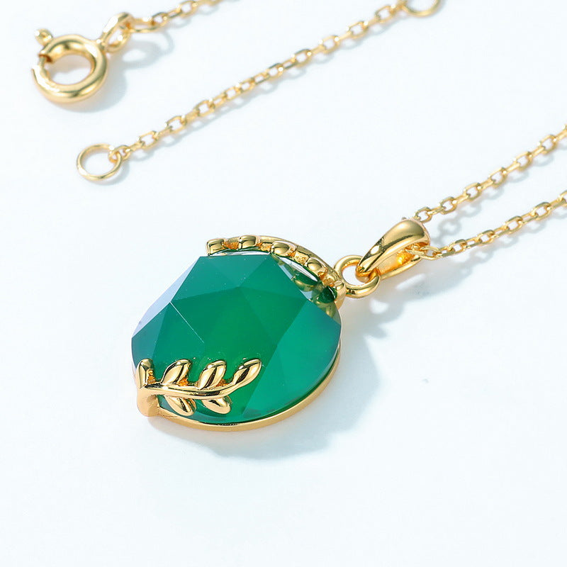 S925 Sterling Silver Gold-Plated Leaf Green Agate Pendant Necklace