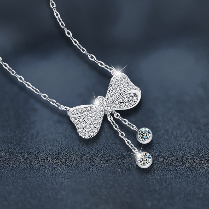 S925 Sterling Silver Moissanite Tassel Bow Pendant Necklace