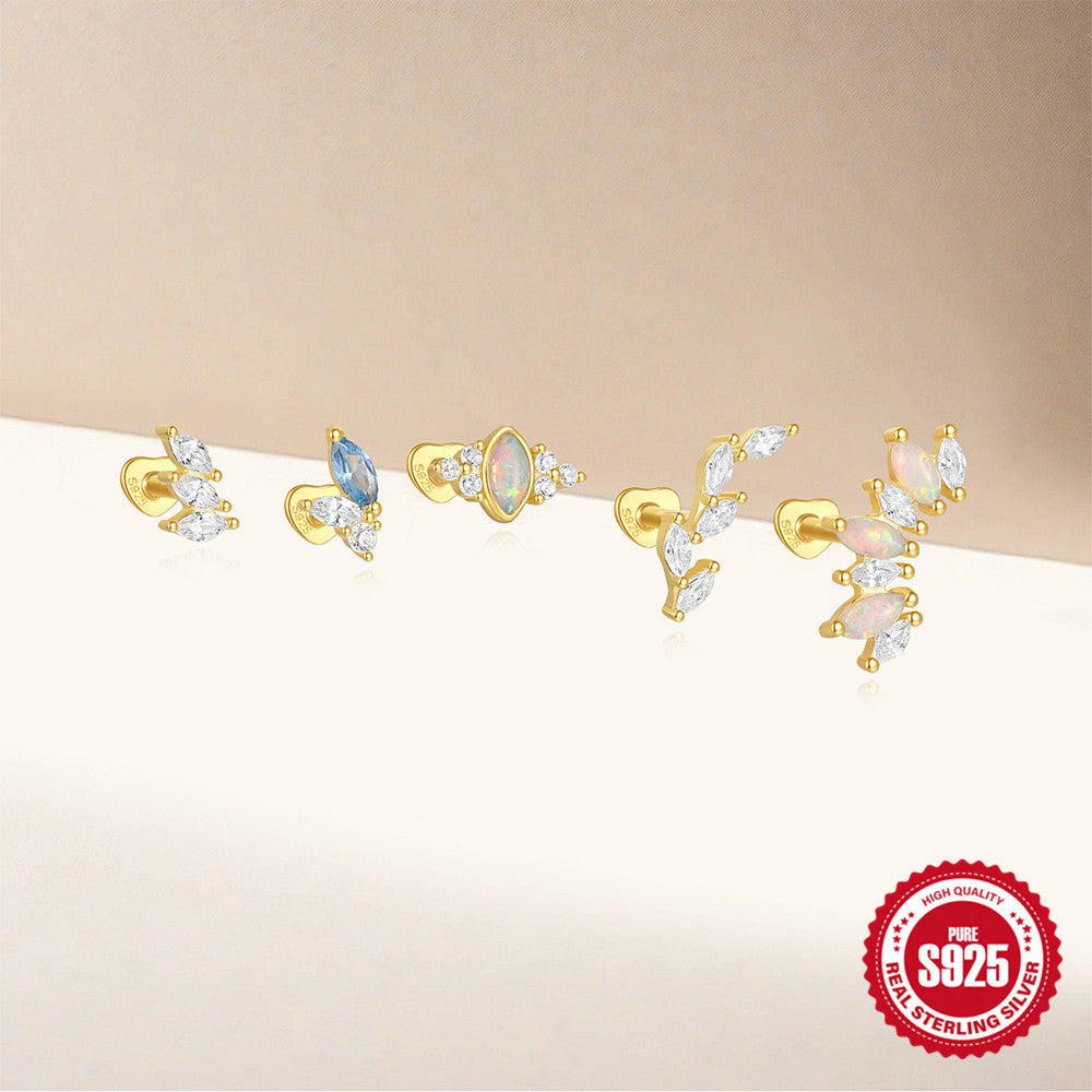 S925 Sterling Silver Heart-Shaped Stud Earrings with Marquise-Cut Zirconia and Flat-Back Threaded Posts