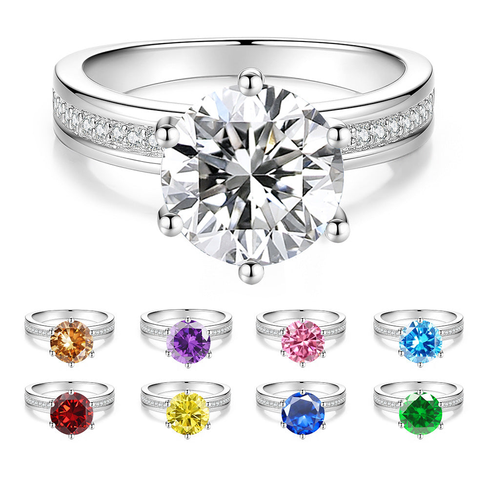 S925 Sterling Silver Six-Prong Round Colored Moissanite Ring