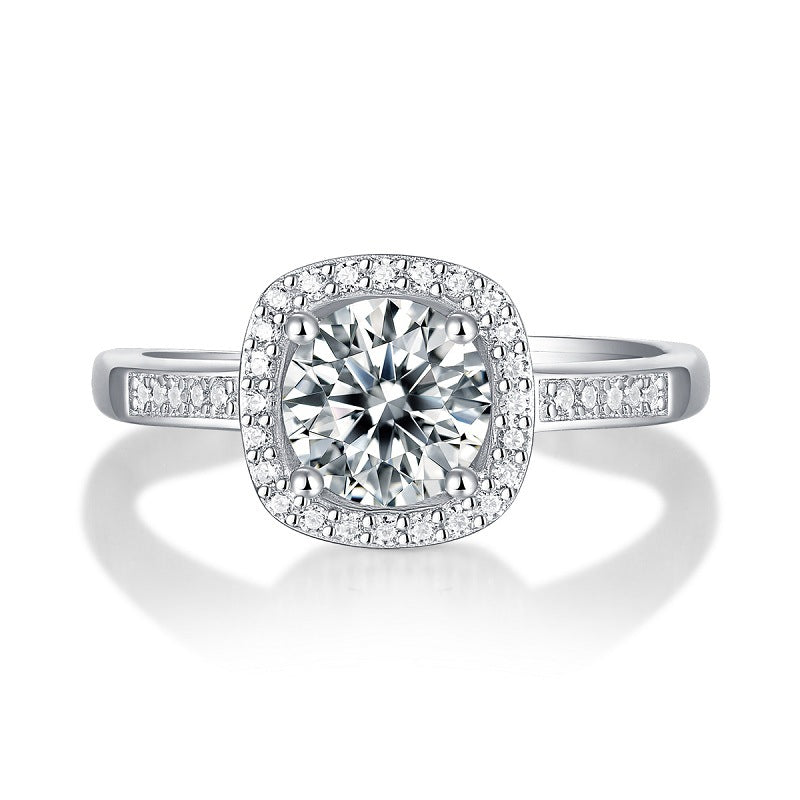 S925 Silver Small Square Ring with Moissanite Halo Setting
