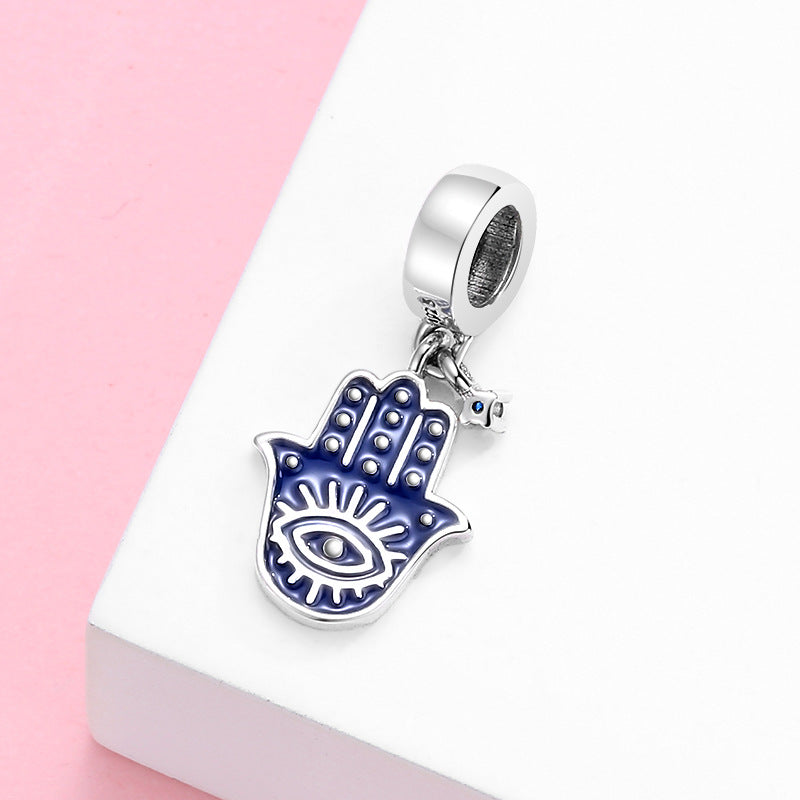 S925 Sterling Silver Dark Blue Enamel Hand Shape Inlaid Zircon Pendant